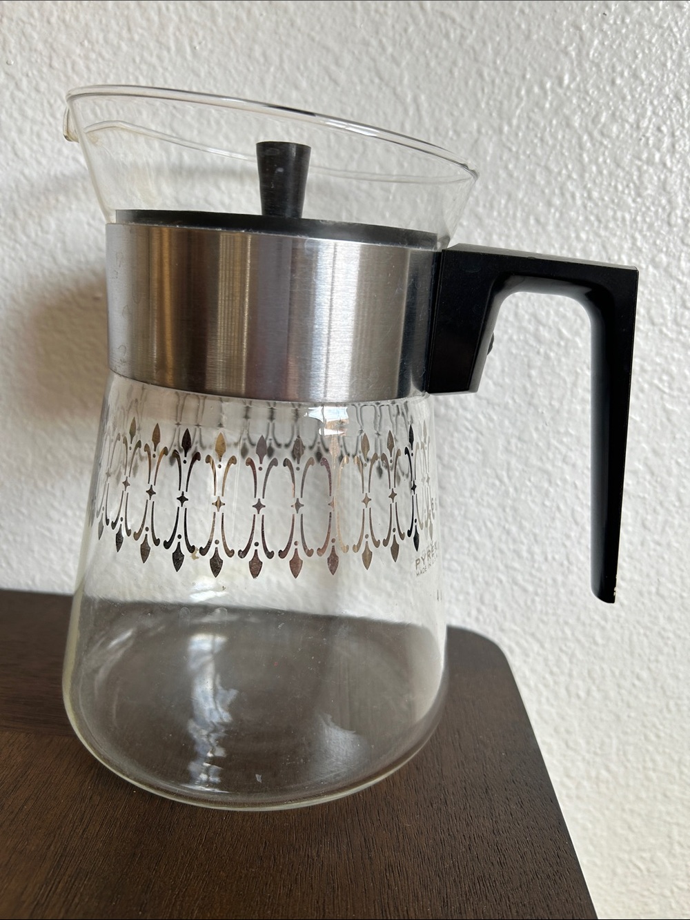 Pyrex MCM vintage Clear Glass Coffee Server with Black Handle and Silver Band